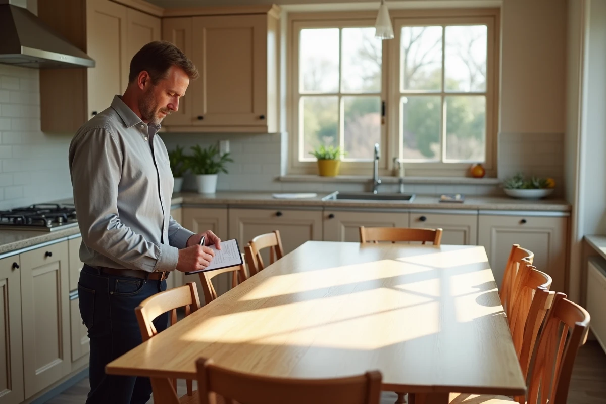 Homme mesurant une table dans une cuisine lumineuse