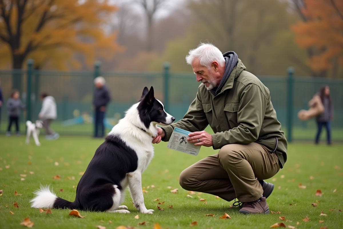 Homme âgé avec border collie dans un parc à chien