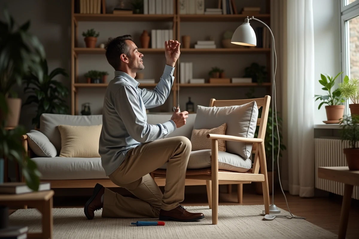 Homme ajustant une lampe au plafond dans un salon chaleureux