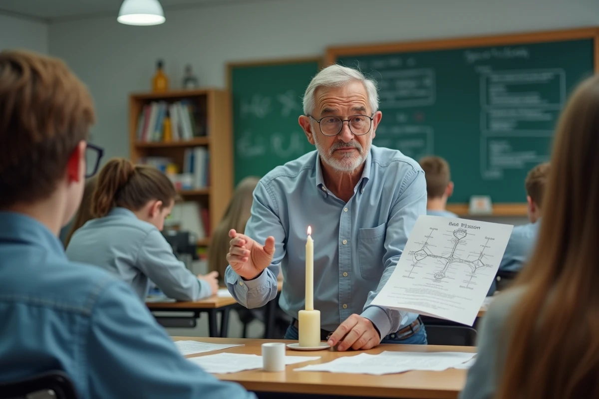Homme montrant une bougie et un diagramme en classe