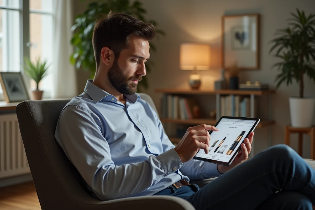 Homme en fauteuil regarde une page de produits de beauté sur tablette