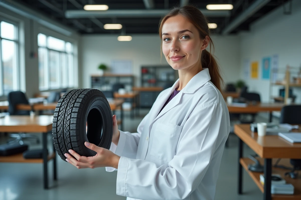 Jeune ingénieure expliquant la structure d un pneu en laboratoire