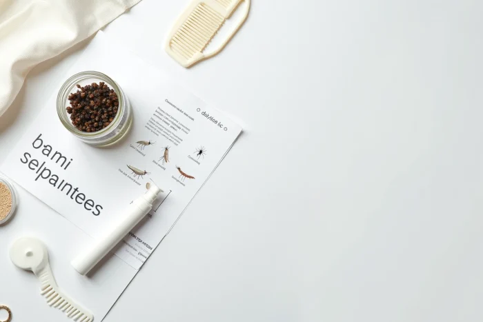 Vue aérienne d'insectes noirs en bocal avec crème anti-démangeaisons et fiche d'information dermatologique