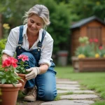 Femme de jardinage en train d'ajuster un géranium en fleurs dans un jardin