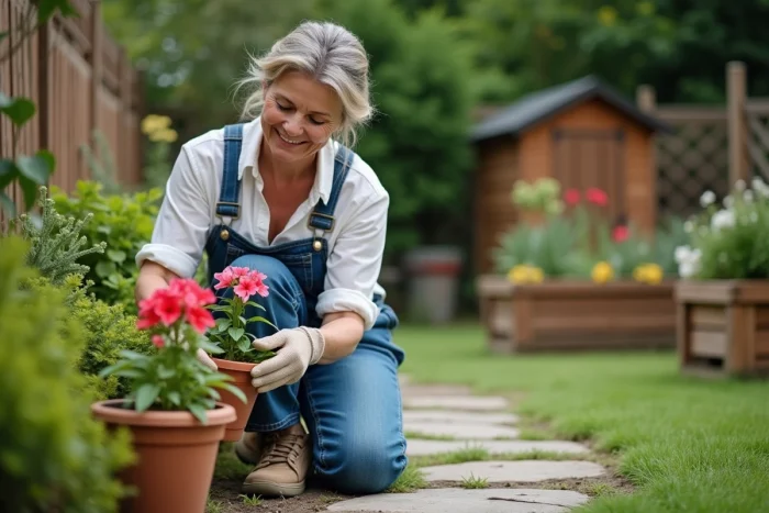 Femme de jardinage en train d'ajuster un géranium en fleurs dans un jardin