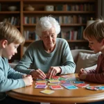 Une famille joue au Nain Jaune autour d'une table en bois