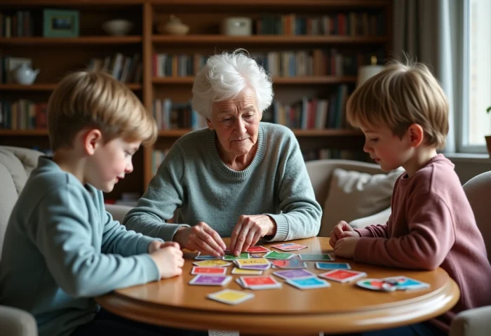 Une famille joue au Nain Jaune autour d'une table en bois