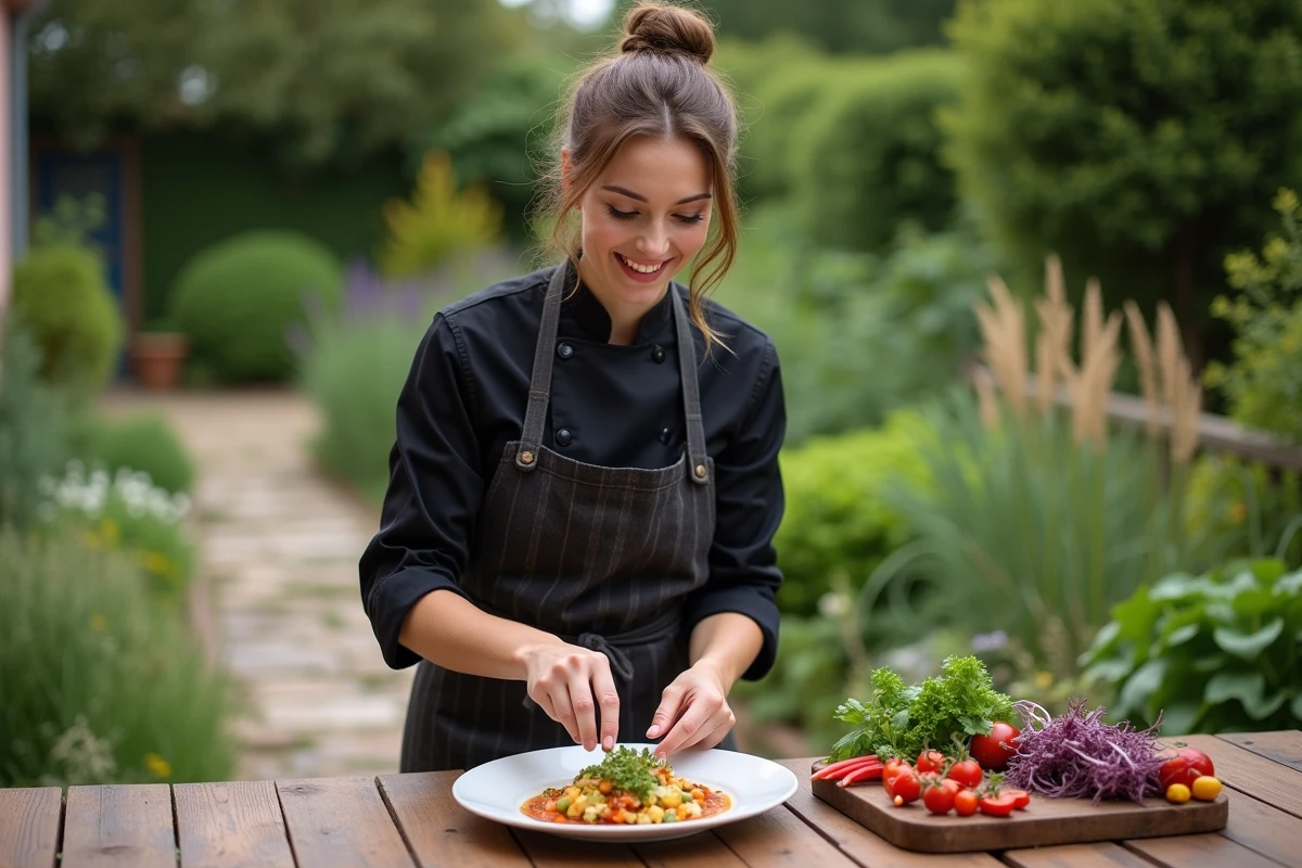 Jeune chef souriante préparant une assiette gastronomique