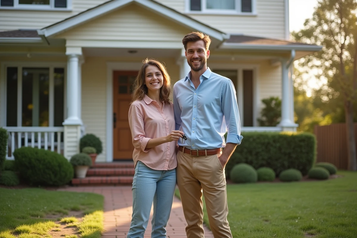 Jeune couple heureux devant leur nouvelle maison avec clés