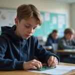 Jeune garçon de 16 ans assemble un circuit électronique en classe