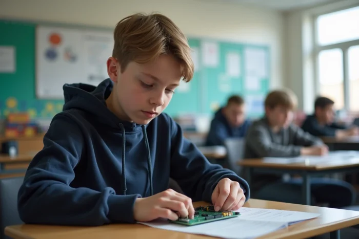 Jeune garçon de 16 ans assemble un circuit électronique en classe