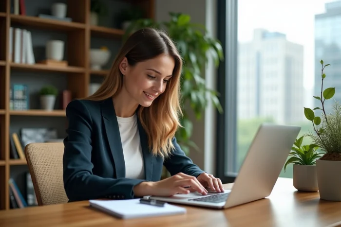 Jeune femme souriante travaillant dans un bureau à domicile