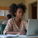 Jeune femme burkinabe travaillant sur son ordinateur dans un bureau