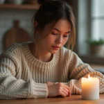Jeune femme observant une bougie allumée dans la cuisine