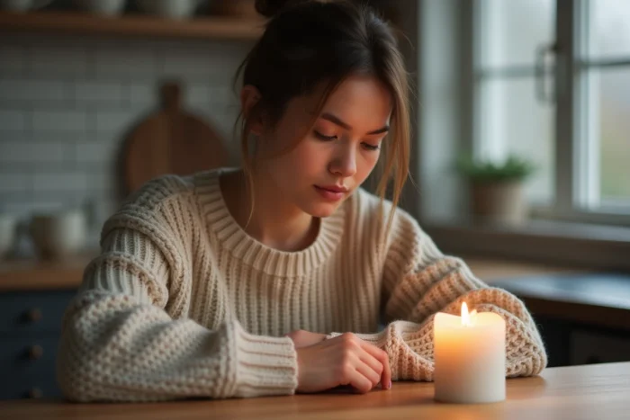 Jeune femme observant une bougie allumée dans la cuisine