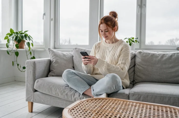 Jeune femme explorant la carte d'un site nature sur son smartphone dans un salon scandinave