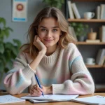 Jeune femme écrivant 21st dans un carnet avec concentration