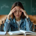Jeune femme fatiguée en cours avec livres et notes