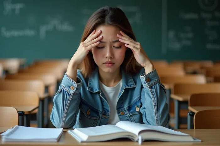 Jeune femme fatiguée en cours avec livres et notes