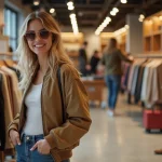 Jeune femme souriante dans une boutique de mode en Espagne