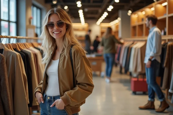 Jeune femme souriante dans une boutique de mode en Espagne