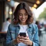 Jeune femme souriante avec smartphone dans un café urbain