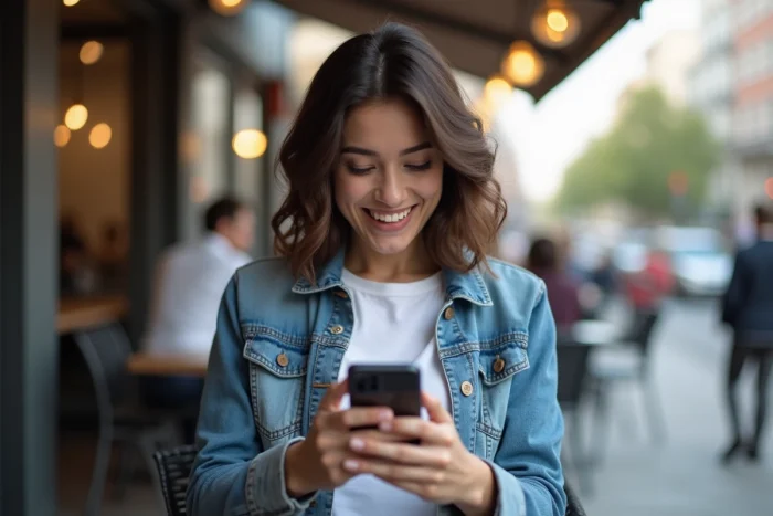 Jeune femme souriante avec smartphone dans un café urbain