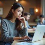 Jeune femme en coworking regardant un tableau digital tendance web
