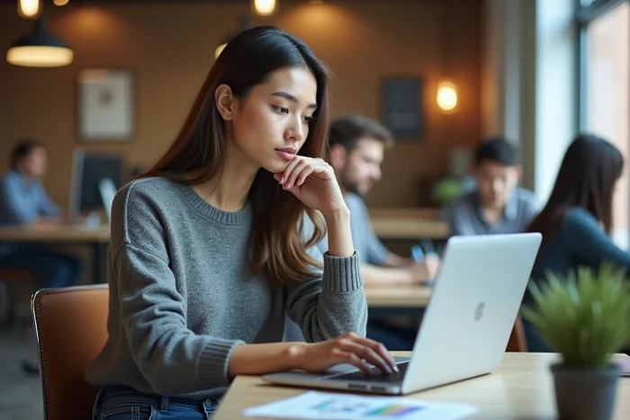 Jeune femme en coworking regardant un tableau digital tendance web
