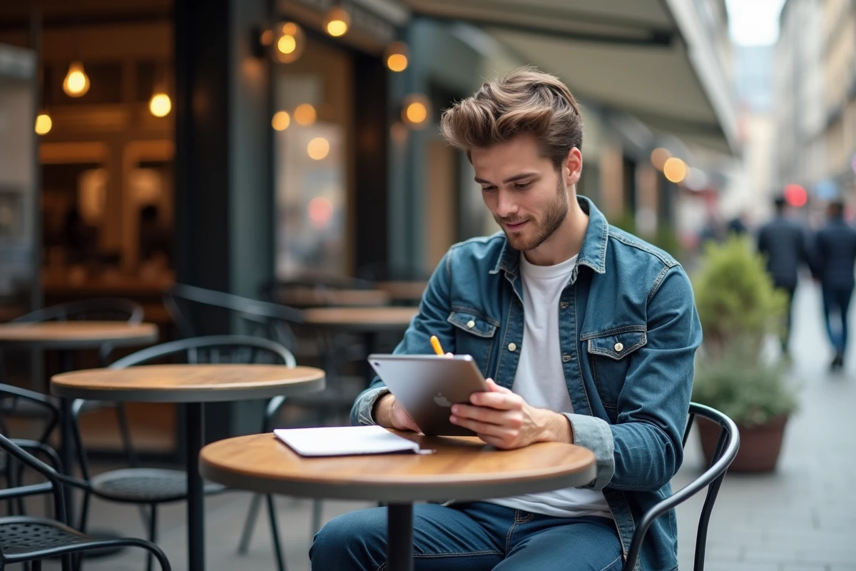 Jeune homme au café utilise sa tablette en extérieur