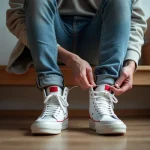 Jeune homme en train de lacer ses sneakers blancs et rouges