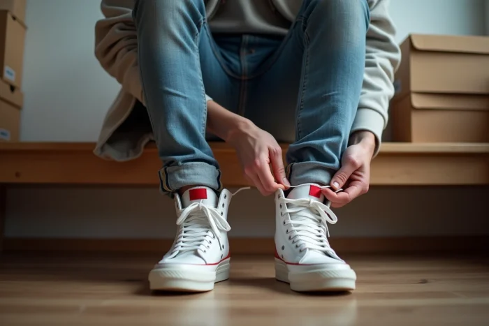 Jeune homme en train de lacer ses sneakers blancs et rouges