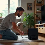 Jeune homme connectant un câble HDMI à une PS5 dans un salon moderne
