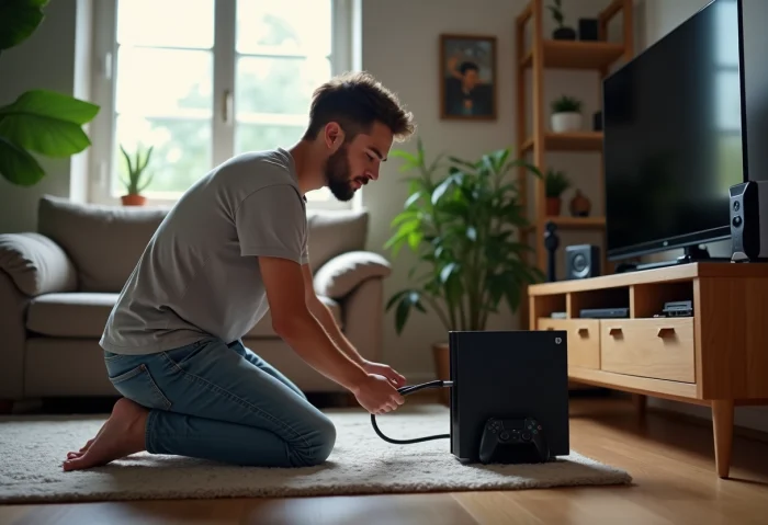 Jeune homme connectant un câble HDMI à une PS5 dans un salon moderne