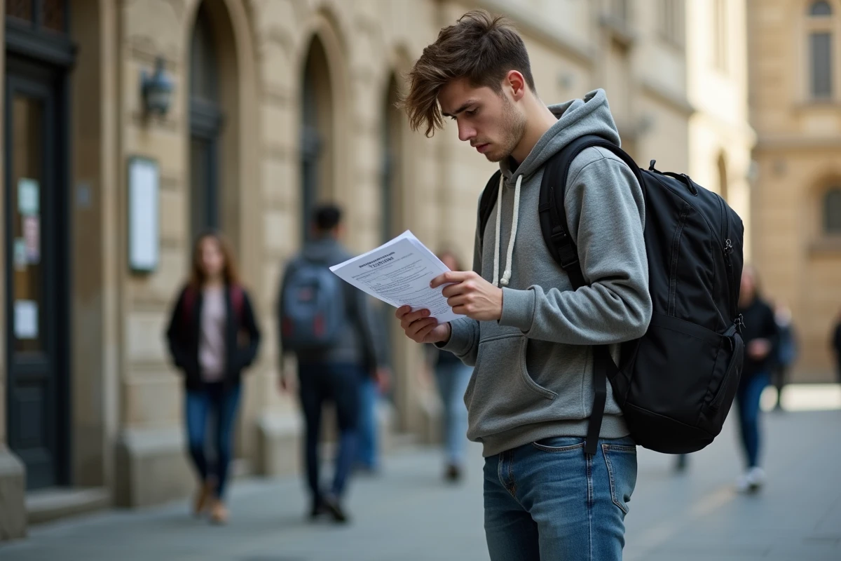 Jeune homme stressé devant un bâtiment universitaire