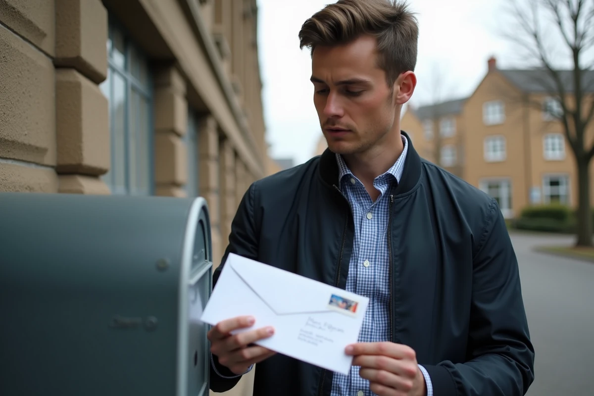 Jeune homme déposant une enveloppe dans une boîte aux lettres