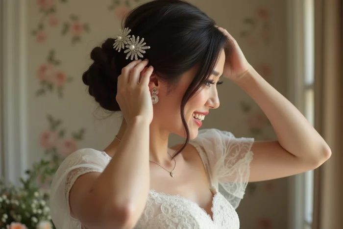 Jeune mariée en robe ivoire ajustant sa coiffure élégante