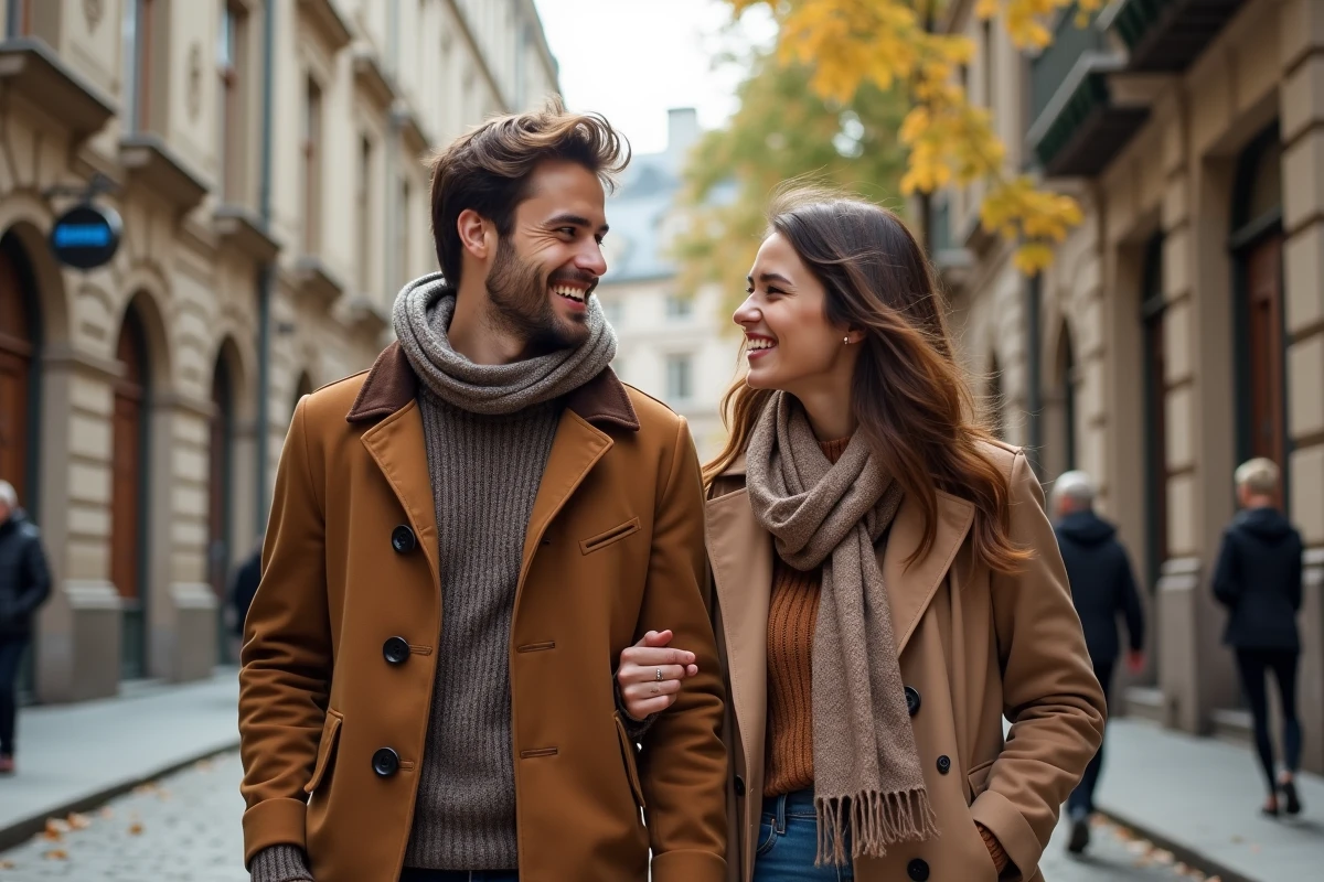 Jeune couple marchant dans une rue historique