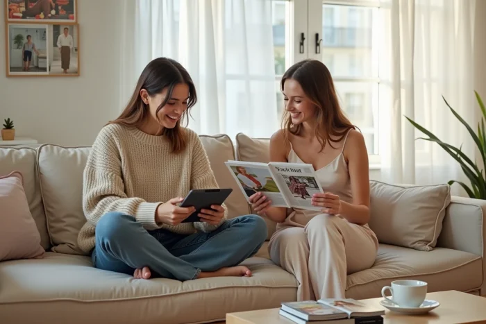 Deux jeunes femmes discutant des tendances mode sur un canapé en lin dans un intérieur scandinave
