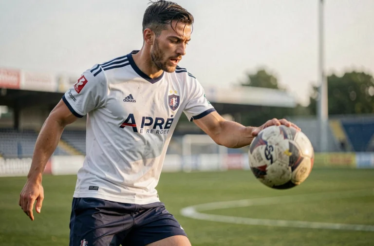 Joueur de football français en action lors d'un entraînement sur le terrain, contrôlant le ballon avec concentration
