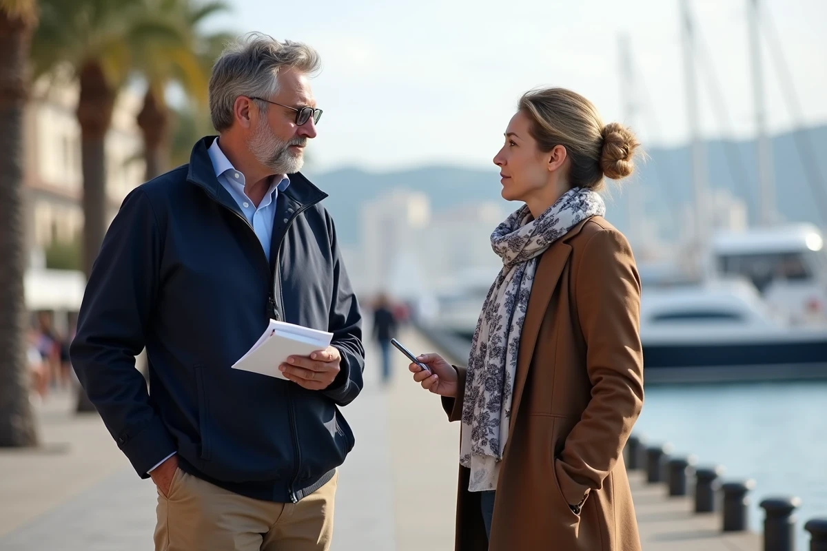 Journaliste interviewant une femme sur la promenade à Cannes