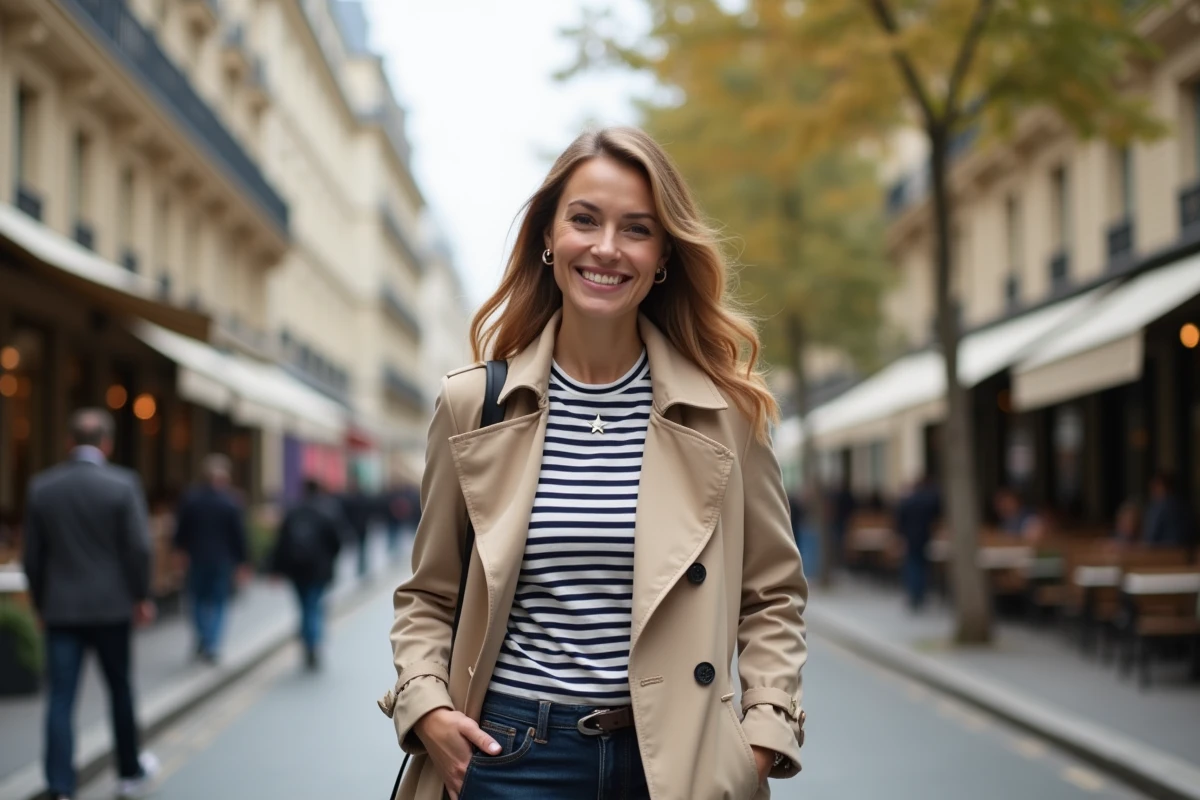 Journaliste sportive marchant dans une rue parisienne