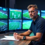 Journaliste sportif masculin analysant les résultats en temps réel dans une salle de rédaction moderne multi-écrans