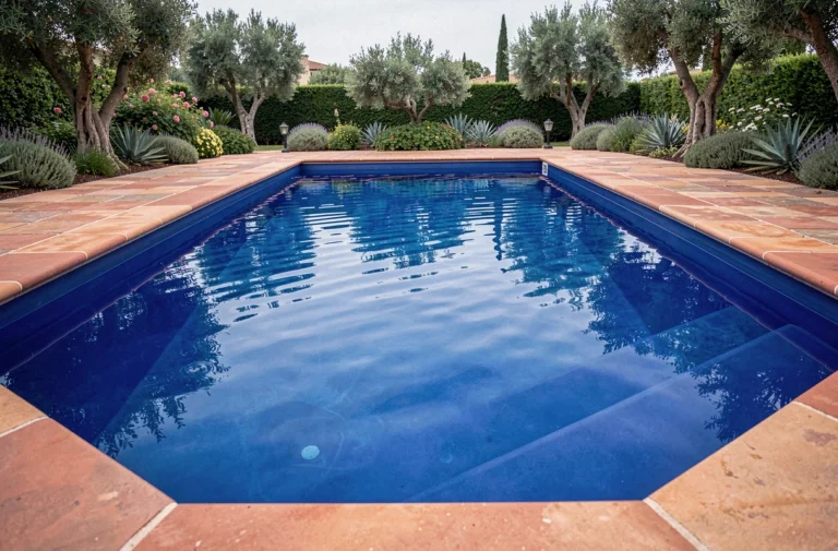 Piscine extérieure avec liner bleu cobalt profond, entourée de pierres en travertin et de végétation méditerranéenne luxuriante