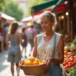 Femme sélectionnant des légumes frais au marché de Cap Ferret