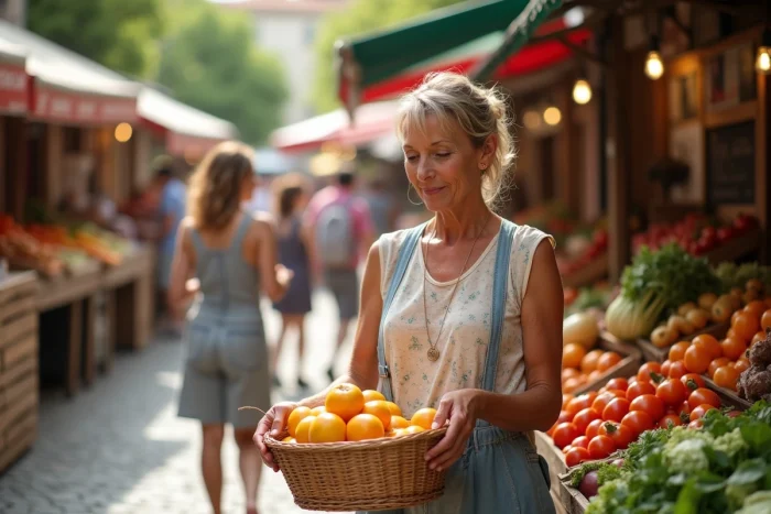 Femme sélectionnant des légumes frais au marché de Cap Ferret