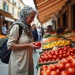 Femme âgée italienne choisissant des tomates mûres au marché