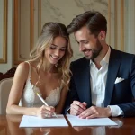 Jeune couple de mariés signant le registre dans la mairie