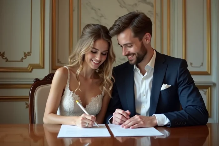 Jeune couple de mariés signant le registre dans la mairie