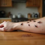 Gros plan de minuscules insectes noirs sur la peau d'un avant-bras humain avec rougeurs visibles
